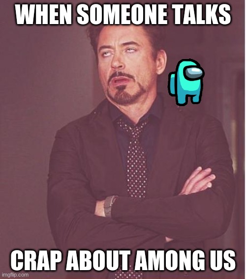 e | WHEN SOMEONE TALKS; CRAP ABOUT AMONG US | image tagged in memes,face you make robert downey jr | made w/ Imgflip meme maker