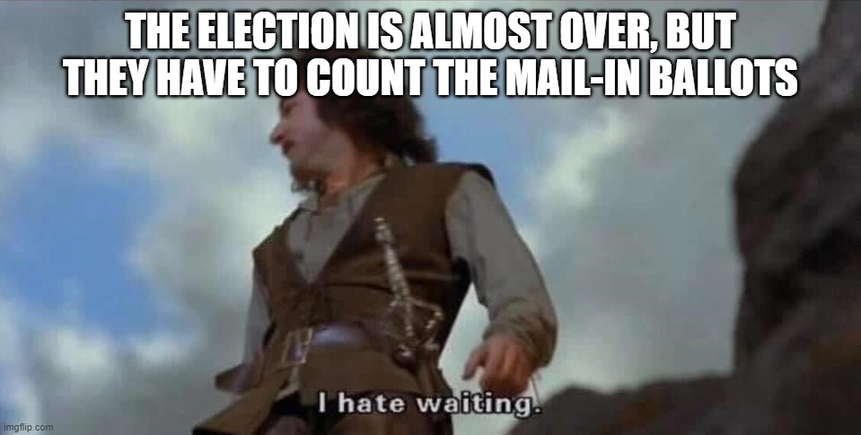 I hate waiting | THE ELECTION IS ALMOST OVER, BUT THEY HAVE TO COUNT THE MAIL-IN BALLOTS | image tagged in 2020 elections | made w/ Imgflip meme maker