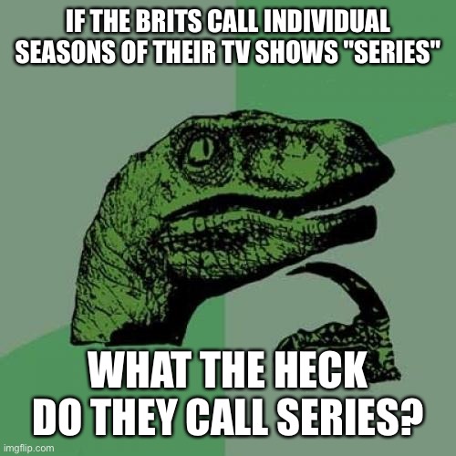 Philosoraptor Meme | IF THE BRITS CALL INDIVIDUAL SEASONS OF THEIR TV SHOWS "SERIES"; WHAT THE HECK DO THEY CALL SERIES? | image tagged in memes,philosoraptor | made w/ Imgflip meme maker