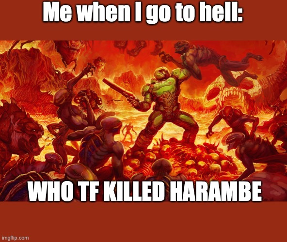 Doomguy | Me when I go to hell:; WHO TF KILLED HARAMBE | image tagged in doomguy | made w/ Imgflip meme maker