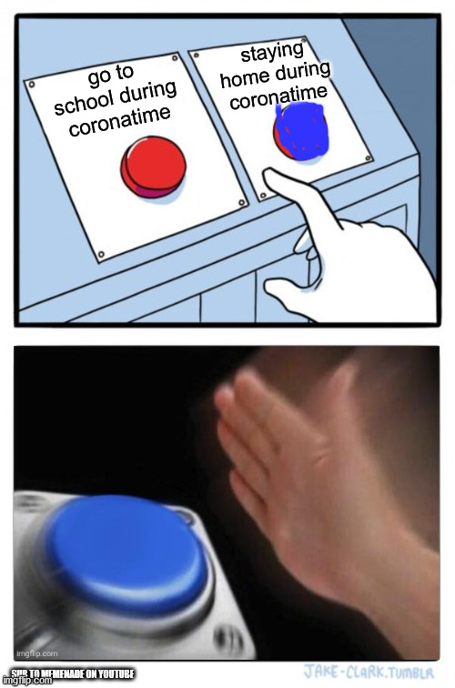 Two Buttons Meme | staying home during coronatime; go to school during coronatime; SUB TO MEMENADE ON YOUTUBE | image tagged in memes,two buttons | made w/ Imgflip meme maker