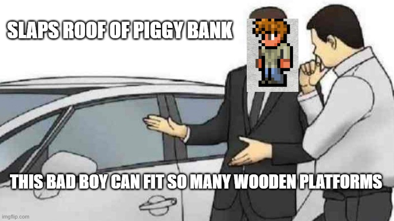 Car Salesman Slaps Roof Of Car |  SLAPS ROOF OF PIGGY BANK; THIS BAD BOY CAN FIT SO MANY WOODEN PLATFORMS | image tagged in memes,car salesman slaps roof of car | made w/ Imgflip meme maker