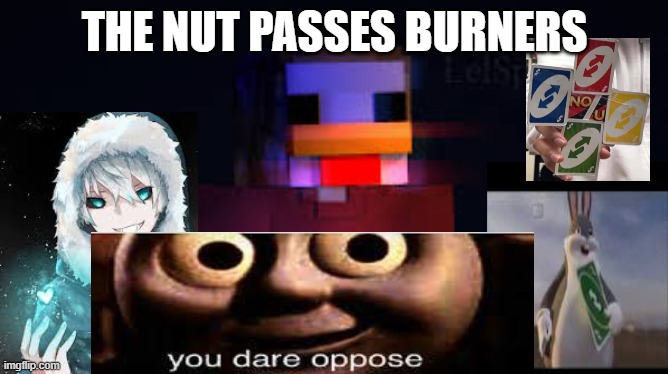 no. | THE NUT PASSES BURNERS | image tagged in the man in the chicken costume | made w/ Imgflip meme maker