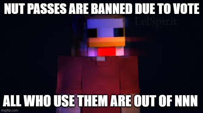 the vote | NUT PASSES ARE BANNED DUE TO VOTE; ALL WHO USE THEM ARE OUT OF NNN | image tagged in the man in the chicken costume | made w/ Imgflip meme maker