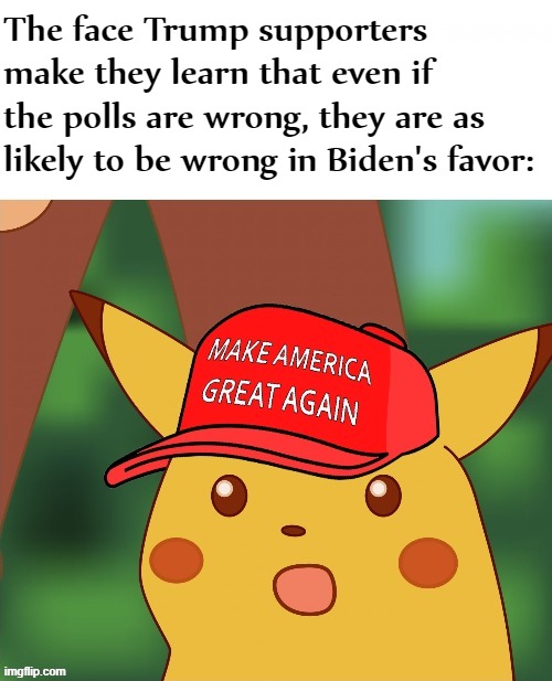 Polls were a bit wrong in Trump's favor in '16, but polls for the '18 midterm elections were quite accurate. In '20, who knows? | The face Trump supporters make they learn that even if the polls are wrong, they are as likely to be wrong in Biden's favor: | image tagged in maga surprised pikachu hq,election 2020,2020 elections,election 2016,polls,elections | made w/ Imgflip meme maker