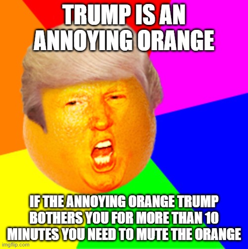 Annoying Orange Trump Drumpf | TRUMP IS AN ANNOYING ORANGE; IF THE ANNOYING ORANGE TRUMP BOTHERS YOU FOR MORE THAN 10 MINUTES YOU NEED TO MUTE THE ORANGE | image tagged in annoying orange trump drumpf | made w/ Imgflip meme maker