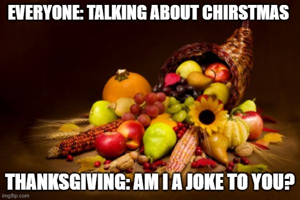 it was happening lol | EVERYONE: TALKING ABOUT CHIRSTMAS; THANKSGIVING: AM I A JOKE TO YOU? | image tagged in thanksgiving | made w/ Imgflip meme maker