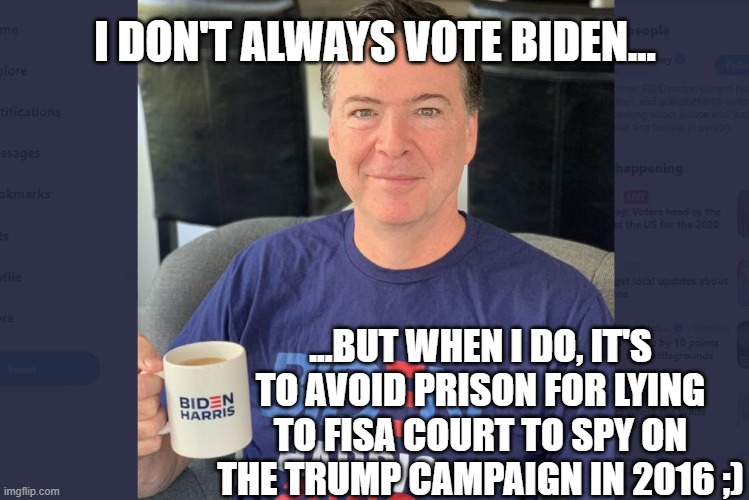 THE COMEY RULE: LIE, TWIST EVIDENCE, KISS THE RING TO FLEE JUSTICE | I DON'T ALWAYS VOTE BIDEN... ...BUT WHEN I DO, IT'S TO AVOID PRISON FOR LYING TO FISA COURT TO SPY ON THE TRUMP CAMPAIGN IN 2016 ;) | image tagged in james comey,mueller report,2020 election,trump,biden,news | made w/ Imgflip meme maker