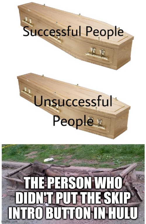 coffin meme | THE PERSON WHO DIDN'T PUT THE SKIP INTRO BUTTON IN HULU | image tagged in coffin meme | made w/ Imgflip meme maker