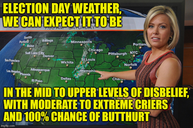 Weather forecast | ELECTION DAY WEATHER,
WE CAN EXPECT IT TO BE; IN THE MID TO UPPER LEVELS OF DISBELIEF,
WITH MODERATE TO EXTREME CRIERS
AND 100% CHANCE OF BUTTHURT | image tagged in weather forecast,memes,2020 elections,liberal tears,donald trump,joe biden | made w/ Imgflip meme maker