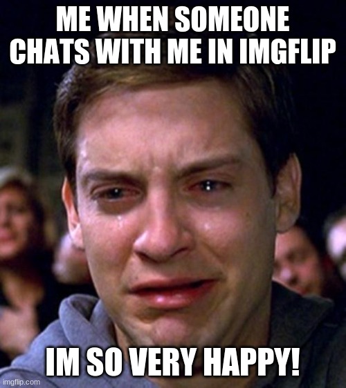 crying peter parker | ME WHEN SOMEONE CHATS WITH ME IN IMGFLIP IM SO VERY HAPPY! | image tagged in crying peter parker | made w/ Imgflip meme maker