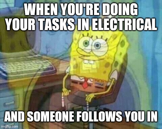 Among us panic | WHEN YOU'RE DOING YOUR TASKS IN ELECTRICAL; AND SOMEONE FOLLOWS YOU IN | image tagged in spongebob panic inside,among us,electrical,funny | made w/ Imgflip meme maker