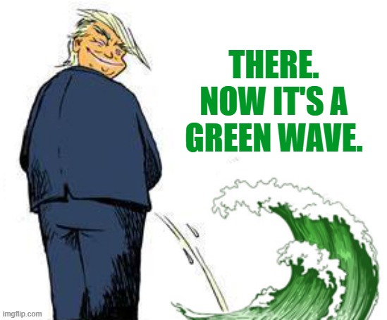 Trump 2020 | THERE.
NOW IT'S A
GREEN WAVE. | image tagged in donald trump,blue wave,memes | made w/ Imgflip meme maker