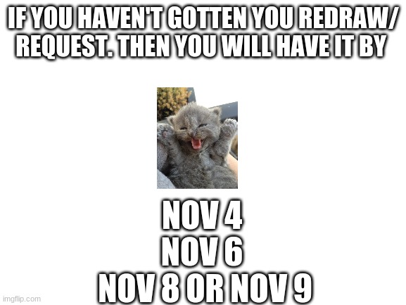 ... | IF YOU HAVEN'T GOTTEN YOU REDRAW/ REQUEST. THEN YOU WILL HAVE IT BY; NOV 4 

NOV 6 

NOV 8 OR NOV 9 | image tagged in blank white template | made w/ Imgflip meme maker