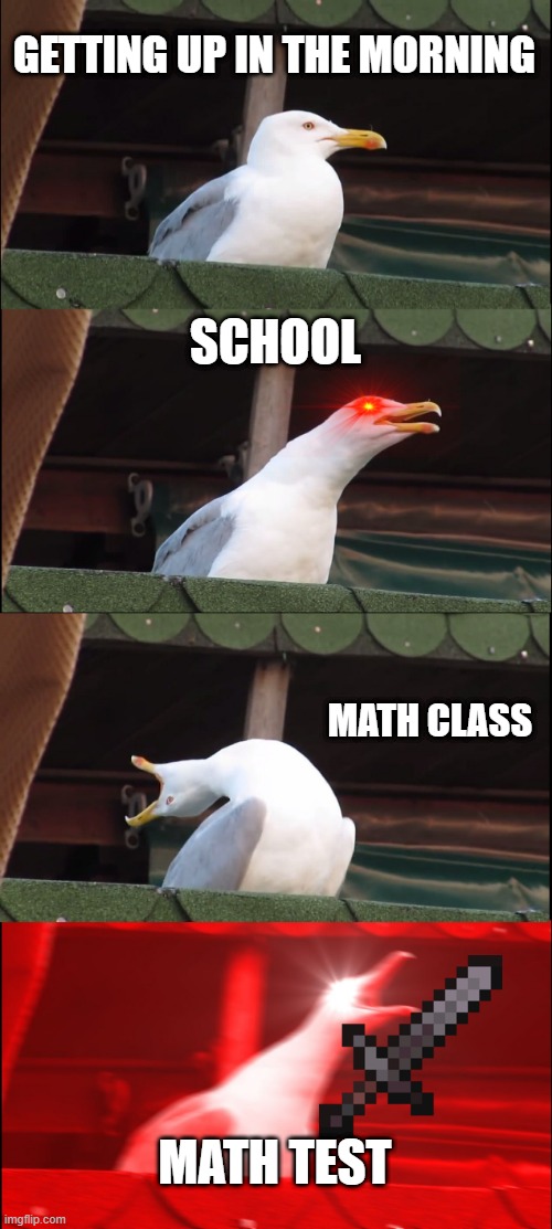 Inhaling Seagull | GETTING UP IN THE MORNING; SCHOOL; MATH CLASS; MATH TEST | image tagged in memes,inhaling seagull | made w/ Imgflip meme maker