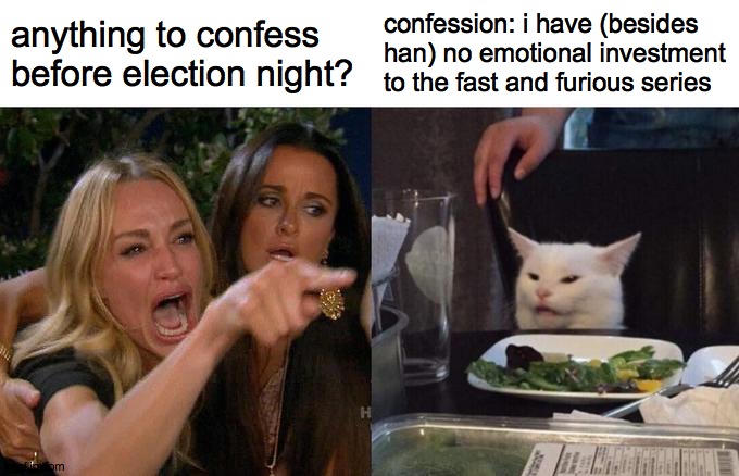 Woman Yelling At Cat | anything to confess before election night? confession: i have (besides han) no emotional investment to the fast and furious series | image tagged in memes,woman yelling at cat | made w/ Imgflip meme maker