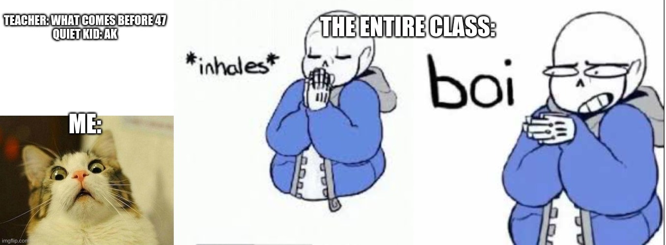 OH FUCK | THE ENTIRE CLASS:; TEACHER: WHAT COMES BEFORE 47
QUIET KID: AK; ME: | image tagged in white space,memes,scared cat,inhale boi sans,aaaaaaaaaaa,ak47 | made w/ Imgflip meme maker