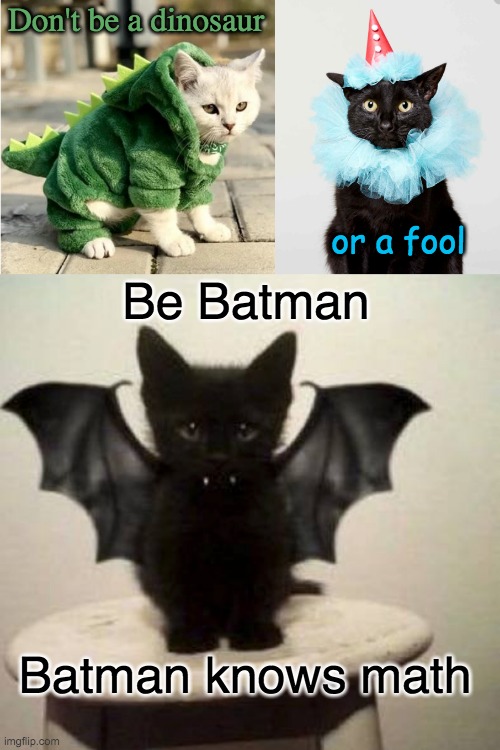 To everyone who wants to complain about their math class |  Don't be a dinosaur; or a fool; Be Batman; Batman knows math | image tagged in dino cat,math,cats,cute,batman | made w/ Imgflip meme maker