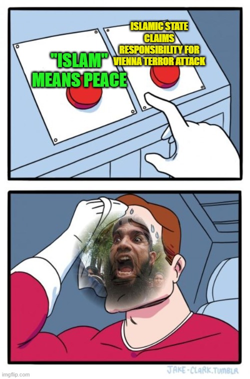 "Islam" Means Peace; Islamic State claims responsibility for Vienna terror attack | ISLAMIC STATE CLAIMS RESPONSIBILITY FOR VIENNA TERROR ATTACK; "ISLAM" MEANS PEACE | image tagged in angry muslim two buttons | made w/ Imgflip meme maker
