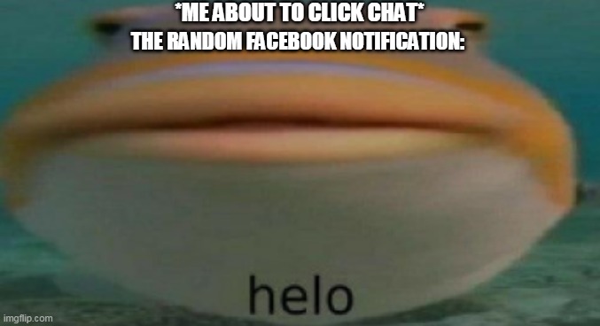 helo | *ME ABOUT TO CLICK CHAT*; THE RANDOM FACEBOOK NOTIFICATION: | image tagged in helo | made w/ Imgflip meme maker