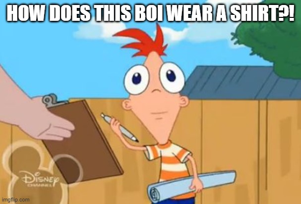 HOW!?!?!? | HOW DOES THIS BOI WEAR A SHIRT?! | image tagged in phineas stare | made w/ Imgflip meme maker