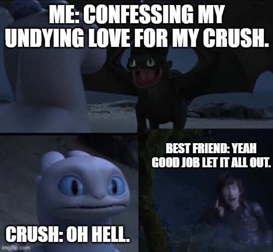 How to train your dragon 3 | ME: CONFESSING MY UNDYING LOVE FOR MY CRUSH. BEST FRIEND: YEAH GOOD JOB LET IT ALL OUT. CRUSH: OH HELL. | image tagged in how to train your dragon 3 | made w/ Imgflip meme maker