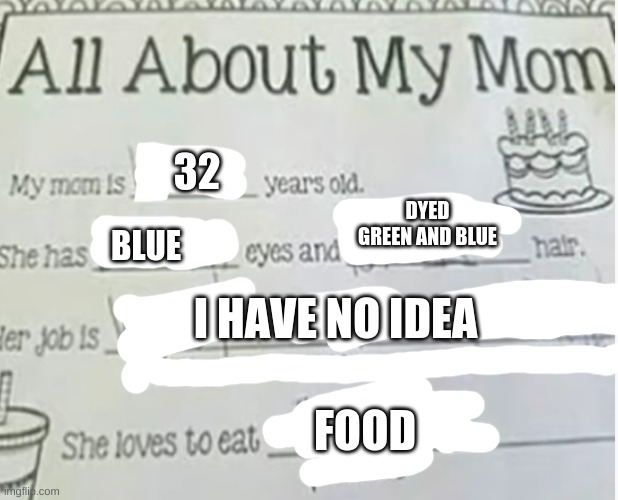 Random shit about my old mom irl (don't ask)- [I found this image and I decided to make it about my mom for some reason lol] | 32; DYED GREEN AND BLUE; BLUE; I HAVE NO IDEA; FOOD | made w/ Imgflip meme maker