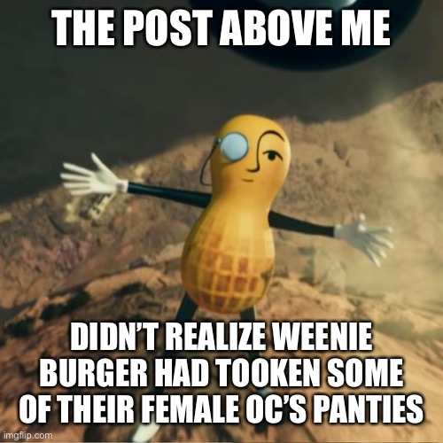 Mixmellow:I had to say something cuz I’m a witness | THE POST ABOVE ME; DIDN’T REALIZE WEENIE BURGER HAD TOOKEN SOME OF THEIR FEMALE OC’S PANTIES | image tagged in mr peanut's death | made w/ Imgflip meme maker