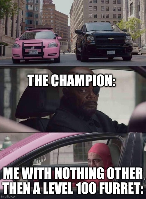 pink guy nick fury | THE CHAMPION: ME WITH NOTHING OTHER THEN A LEVEL 100 FURRET: | image tagged in pink guy nick fury | made w/ Imgflip meme maker