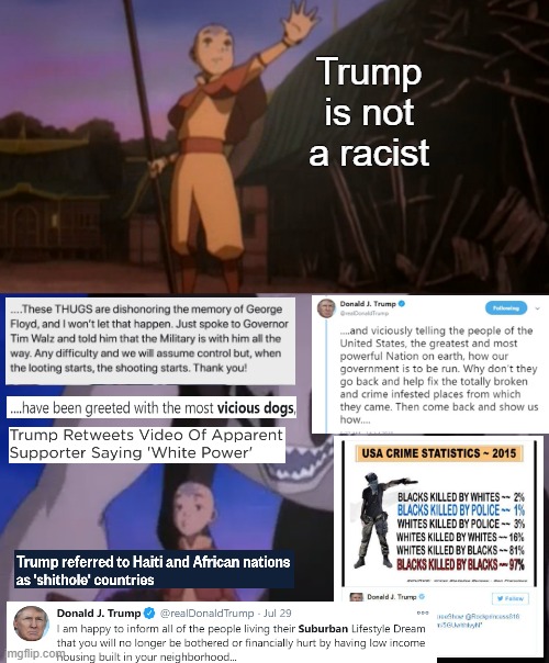 Trump is a racist | Trump is not a racist | image tagged in hei bei and aang,trump,racism,racist,donald trump,xenophobia | made w/ Imgflip meme maker