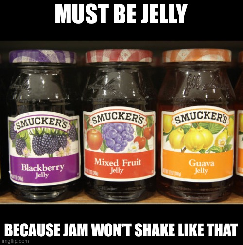 Jelly | MUST BE JELLY BECAUSE JAM WON’T SHAKE LIKE THAT | image tagged in jelly | made w/ Imgflip meme maker