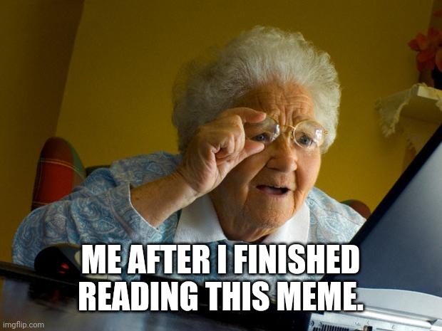 Old lady at computer finds the Internet | ME AFTER I FINISHED READING THIS MEME. | image tagged in old lady at computer finds the internet | made w/ Imgflip meme maker