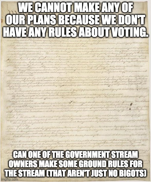 Constitution | WE CANNOT MAKE ANY OF OUR PLANS BECAUSE WE DON'T HAVE ANY RULES ABOUT VOTING. CAN ONE OF THE GOVERNMENT STREAM OWNERS MAKE SOME GROUND RULES FOR THE STREAM (THAT AREN'T JUST NO BIGOTS) | image tagged in constitution | made w/ Imgflip meme maker