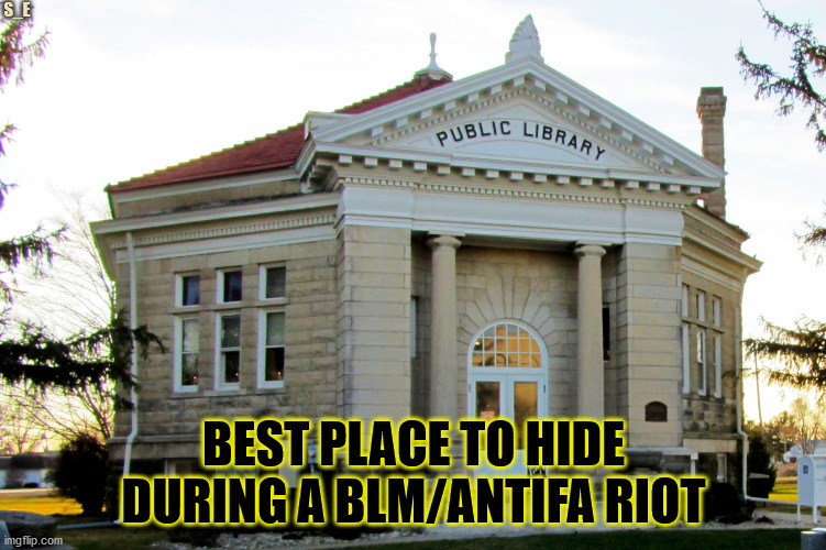 library | S_E; BEST PLACE TO HIDE DURING A BLM/ANTIFA RIOT | image tagged in library | made w/ Imgflip meme maker