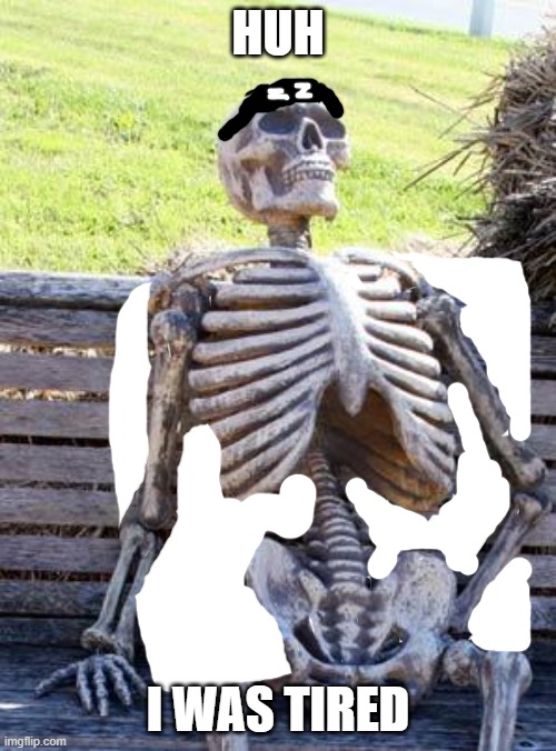 Waiting Skeleton | HUH; I WAS TIRED | image tagged in memes,waiting skeleton | made w/ Imgflip meme maker