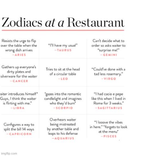 Zodiacs At A Resturant | image tagged in zodiac,resturant,resturants,zodiacs,zodiac at a resturant,zodiacs at a resturant | made w/ Imgflip meme maker