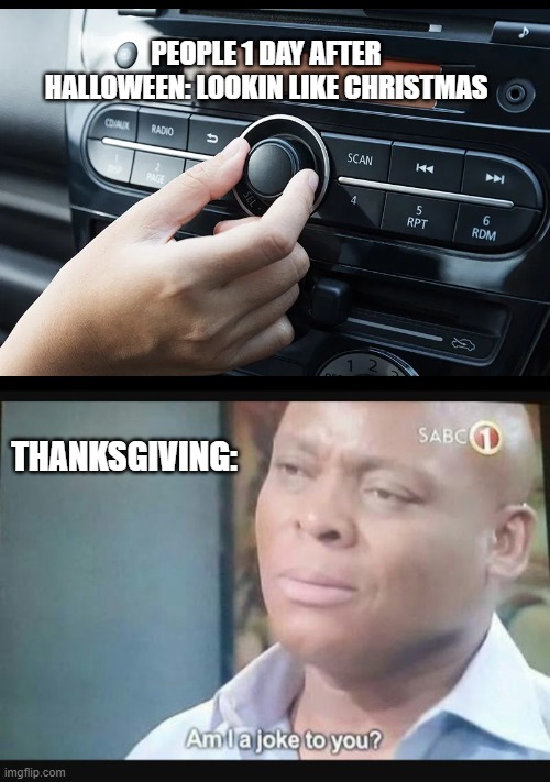 what about the turkey!? | PEOPLE 1 DAY AFTER HALLOWEEN: LOOKIN LIKE CHRISTMAS; THANKSGIVING: | image tagged in am i a joke to you | made w/ Imgflip meme maker