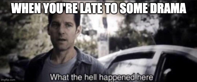 Inspired by a true story | WHEN YOU'RE LATE TO SOME DRAMA | image tagged in what the hell happened here,memes,drama | made w/ Imgflip meme maker
