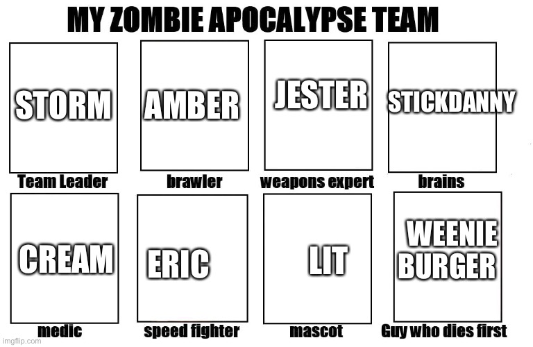 My Zombie Apocalypse Team | AMBER; STICKDANNY; JESTER; STORM; WEENIE BURGER; LIT; ERIC; CREAM | image tagged in my zombie apocalypse team | made w/ Imgflip meme maker