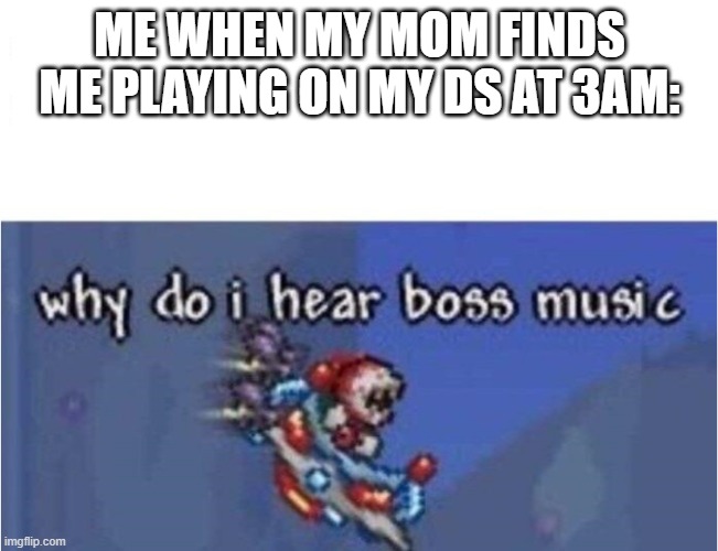 why do i hear boss music | ME WHEN MY MOM FINDS ME PLAYING ON MY DS AT 3AM: | image tagged in why do i hear boss music | made w/ Imgflip meme maker
