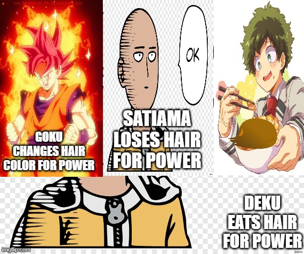 Goku Satiama Deku meme | SATIAMA LOSES HAIR FOR POWER; GOKU CHANGES HAIR COLOR FOR POWER; DEKU EATS HAIR FOR POWER | image tagged in anime | made w/ Imgflip meme maker