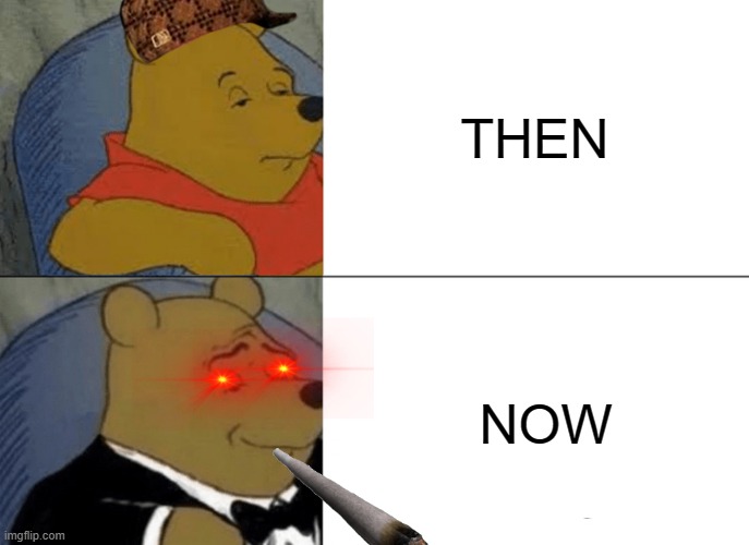 then now | THEN; NOW | image tagged in memes,tuxedo winnie the pooh | made w/ Imgflip meme maker