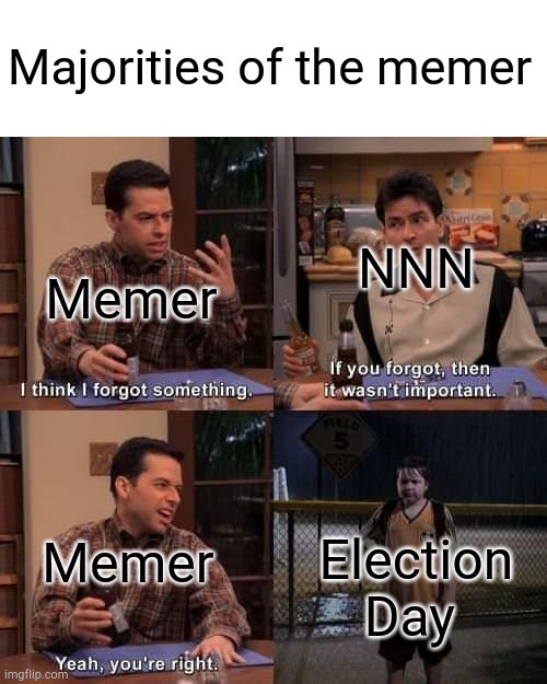 I think I forgot something | Majorities of the memer; Memer; NNN; Memer; Election Day | image tagged in i think i forgot something | made w/ Imgflip meme maker