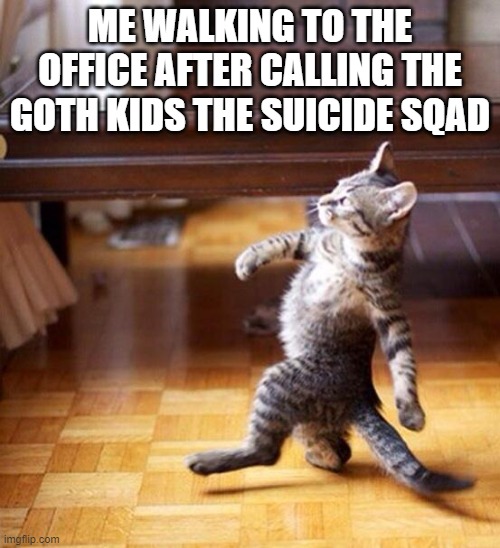 Swag cat | ME WALKING TO THE OFFICE AFTER CALLING THE GOTH KIDS THE SUICIDE SQAD | image tagged in swag cat | made w/ Imgflip meme maker