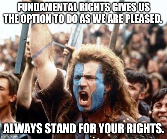 fundamental rights | FUNDAMENTAL RIGHTS GIVES US THE OPTION TO DO AS WE ARE PLEASED. ALWAYS STAND FOR YOUR RIGHTS. | image tagged in braveheart freedom | made w/ Imgflip meme maker