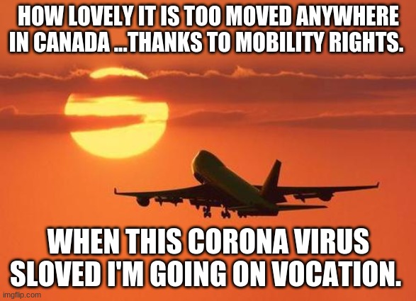 mobility rights | HOW LOVELY IT IS TOO MOVED ANYWHERE IN CANADA ...THANKS TO MOBILITY RIGHTS. WHEN THIS CORONA VIRUS SLOVED I'M GOING ON VOCATION. | image tagged in airplanelove | made w/ Imgflip meme maker