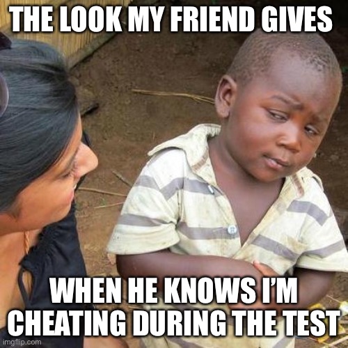 My friends meme btw | THE LOOK MY FRIEND GIVES; WHEN HE KNOWS I’M CHEATING DURING THE TEST | image tagged in memes,third world skeptical kid | made w/ Imgflip meme maker