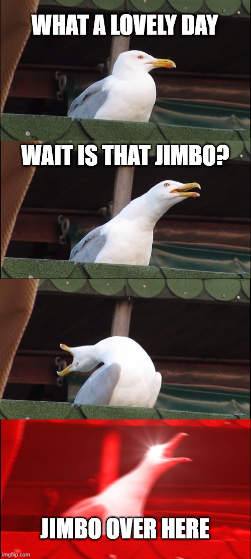 JIMBO!! | WHAT A LOVELY DAY; WAIT IS THAT JIMBO? JIMBO OVER HERE | image tagged in memes,inhaling seagull | made w/ Imgflip meme maker