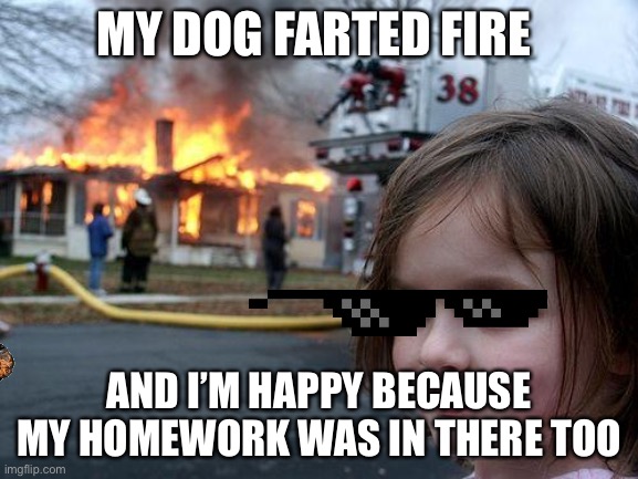 Fire fart | MY DOG FARTED FIRE; AND I’M HAPPY BECAUSE MY HOMEWORK WAS IN THERE TOO | image tagged in memes,disaster girl | made w/ Imgflip meme maker