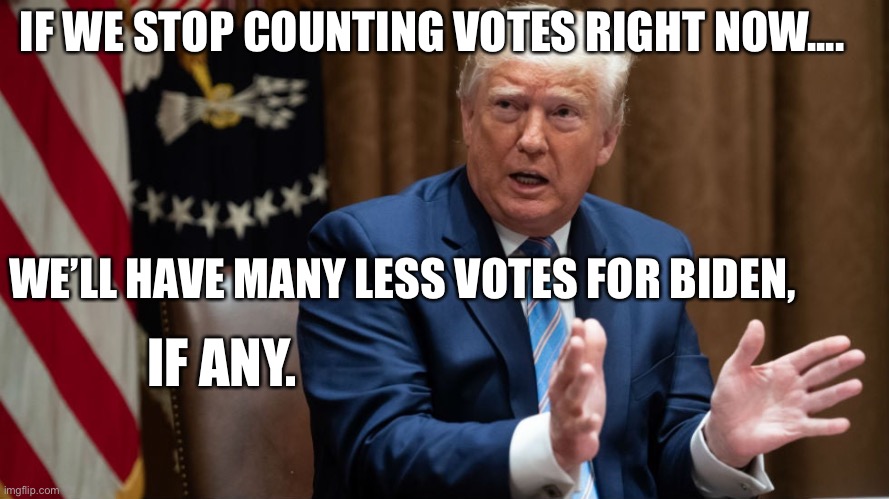 “If” ???? | IF WE STOP COUNTING VOTES RIGHT NOW.... WE’LL HAVE MANY LESS VOTES FOR BIDEN, IF ANY. | image tagged in president,polls,trump,biden,winning,election | made w/ Imgflip meme maker